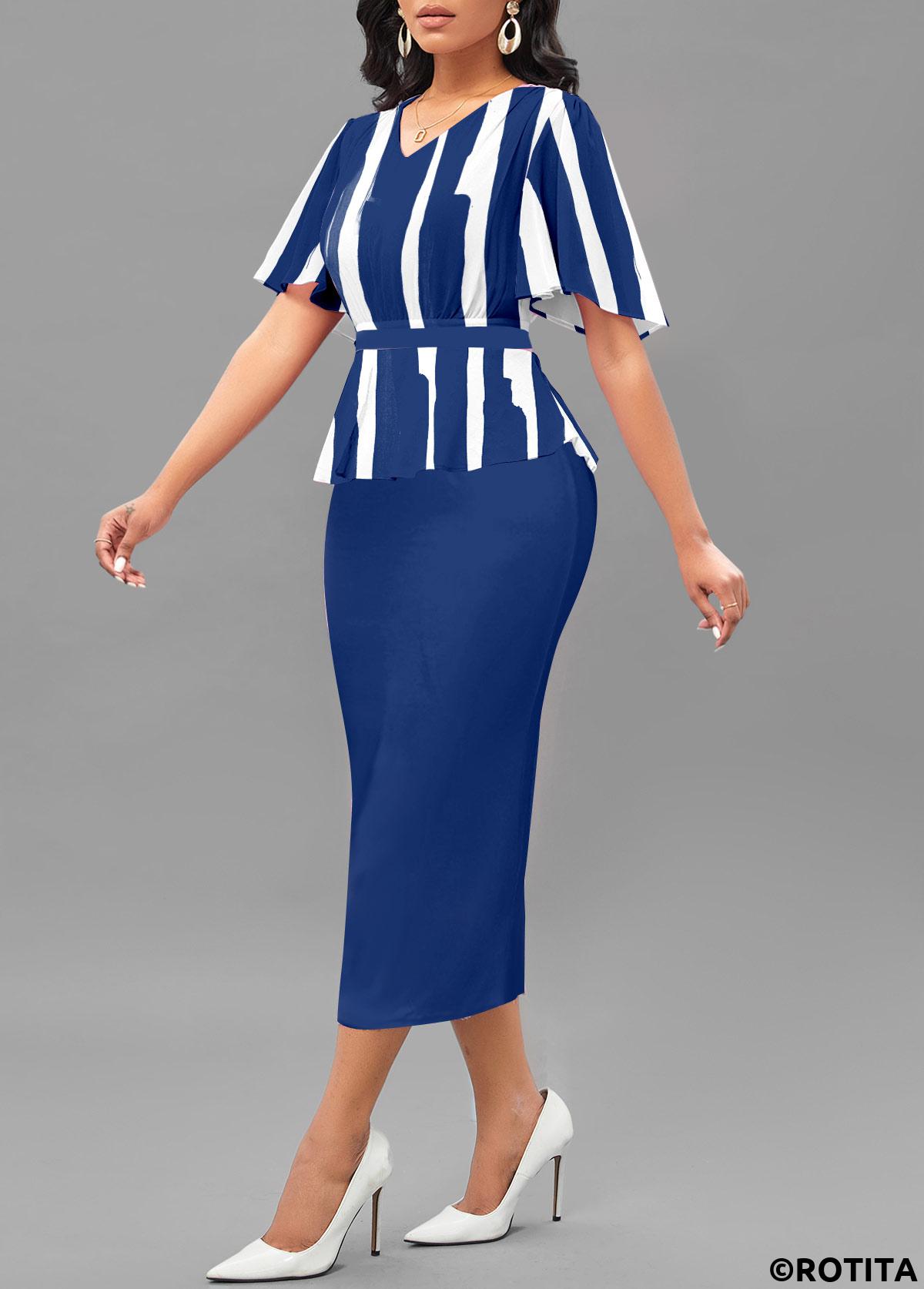 Blue dresses,White dresses,Striped dresses,Geometric dresses,Party dresses,Elegant dresses,ROTITA Patchwork Striped Blue V Neck Short Sleeve Bodycon Dress