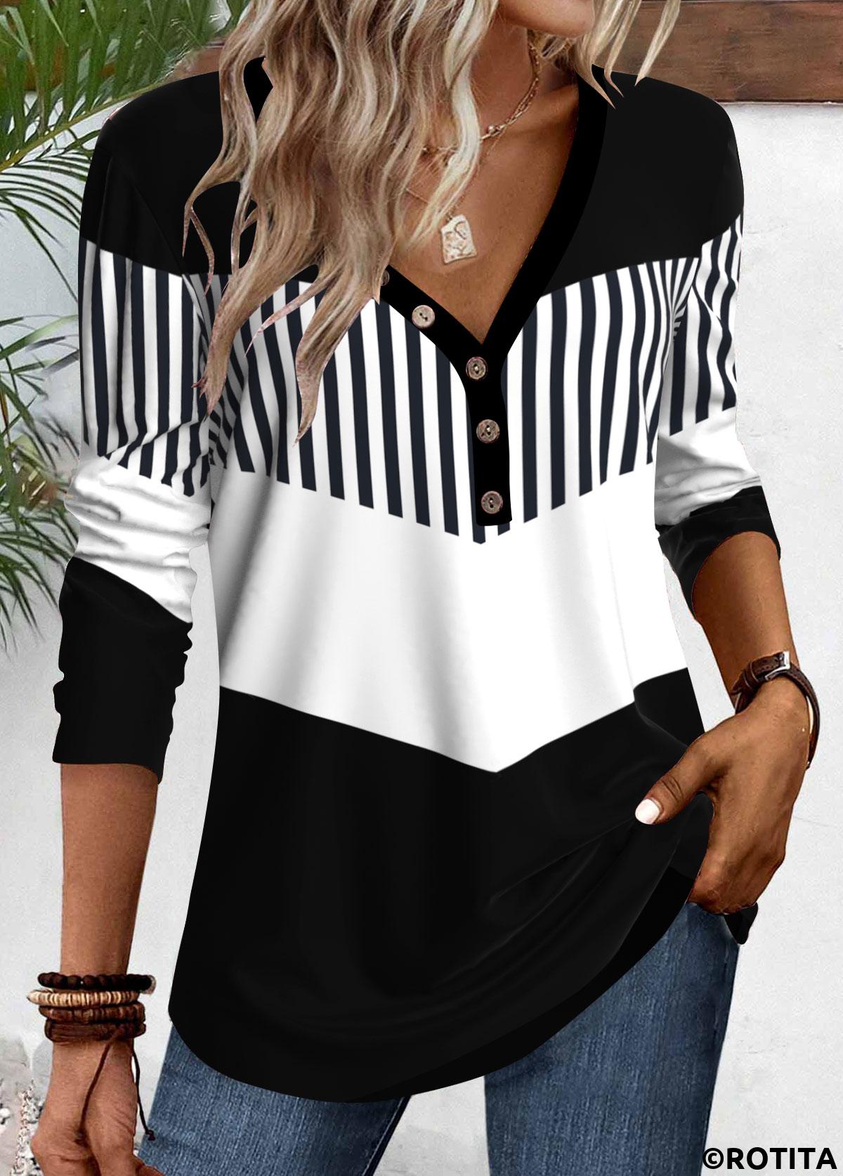 Black tops,White tops,Geometric tops,Striped tops,ROTITA Button Geometric Print Black V Neck T Shirt