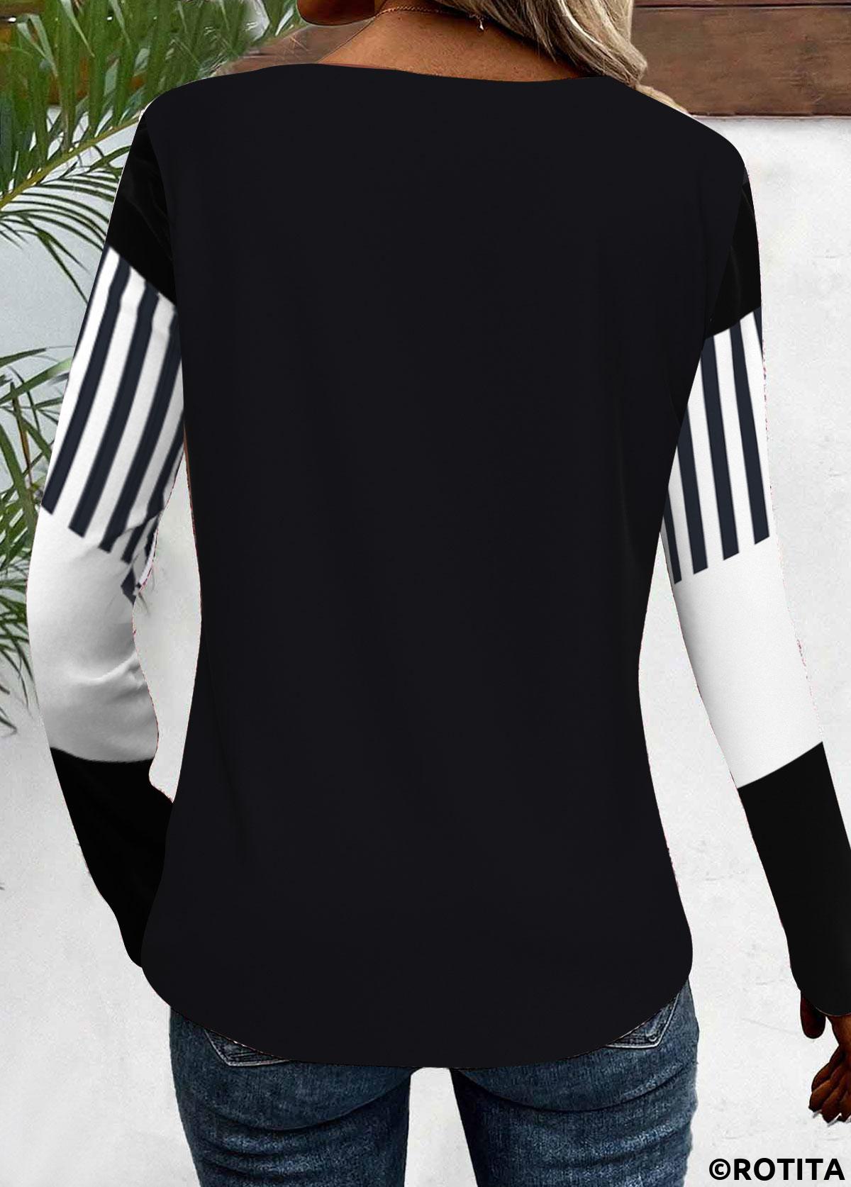 Black tops,White tops,Geometric tops,Striped tops,ROTITA Button Geometric Print Black V Neck T Shirt