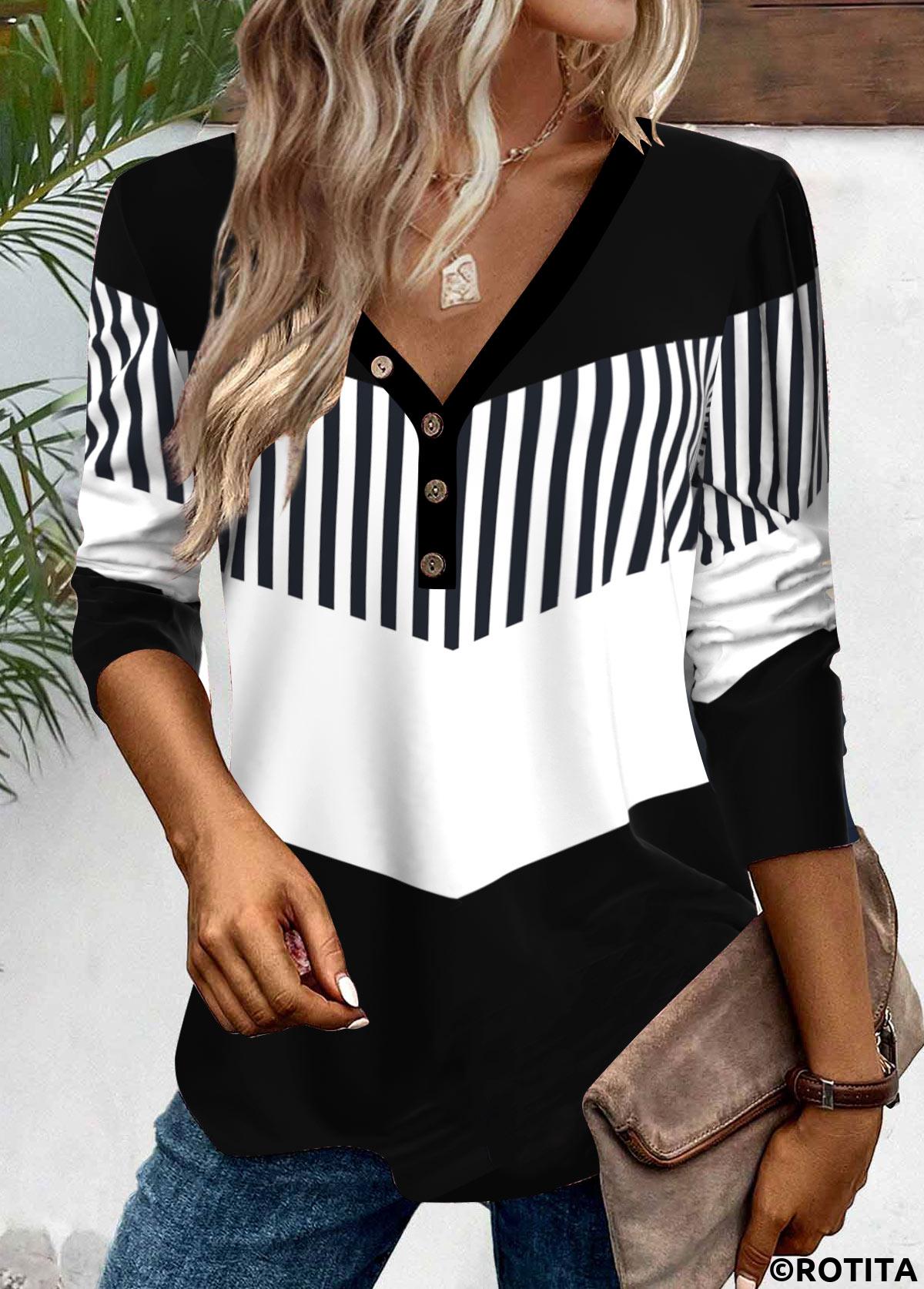 Black tops,White tops,Geometric tops,Striped tops,ROTITA Button Geometric Print Black V Neck T Shirt