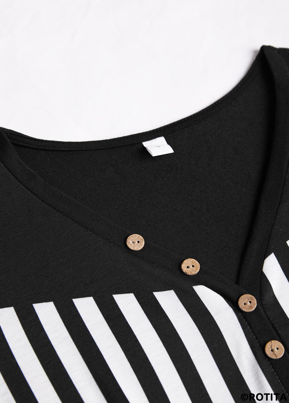 Black tops,White tops,Geometric tops,Striped tops,ROTITA Button Geometric Print Black V Neck T Shirt