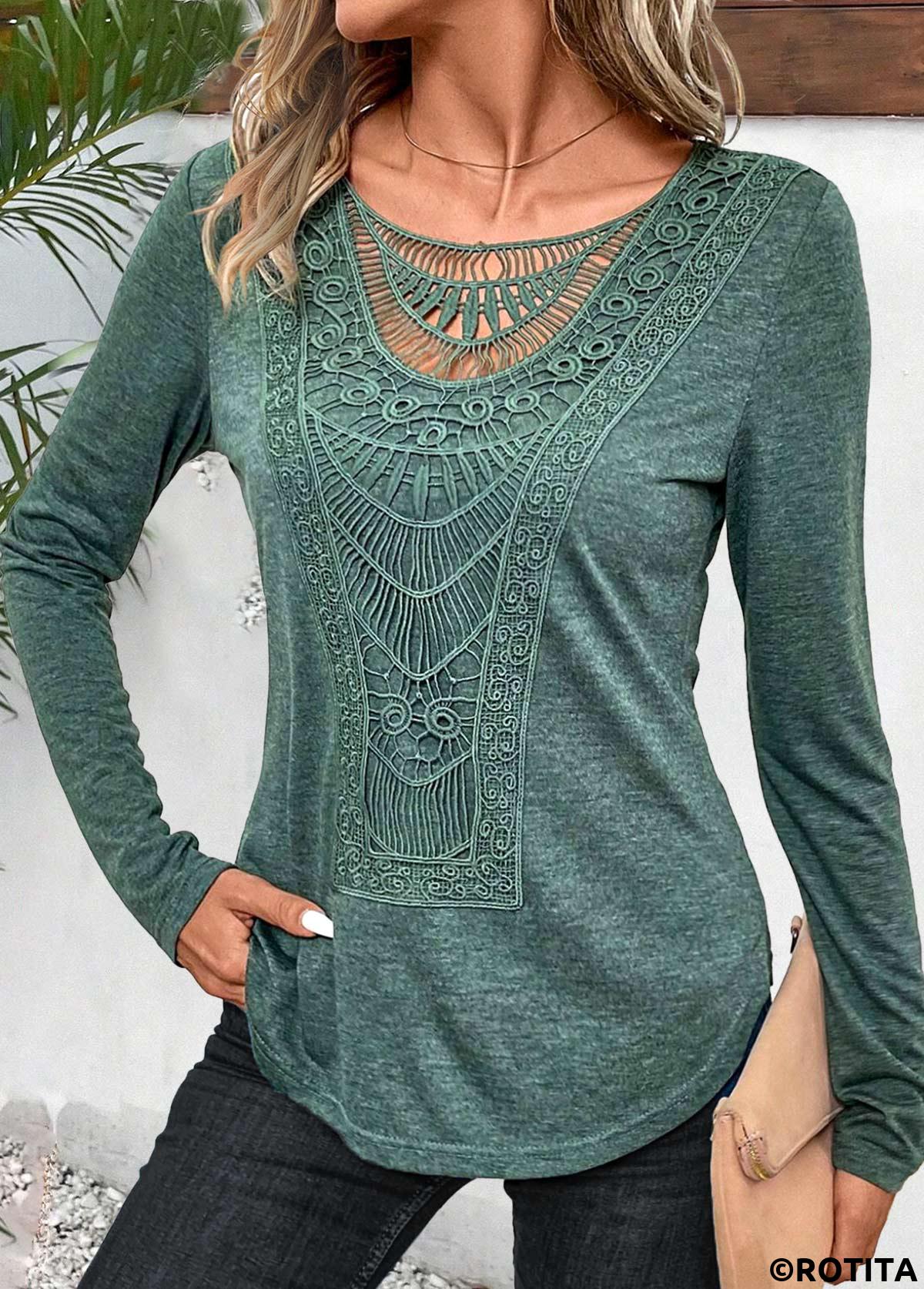 Sage Green tops,Plain Color tops,ROTITA Lace Sage Green Round Neck Long Sleeve T Shirt