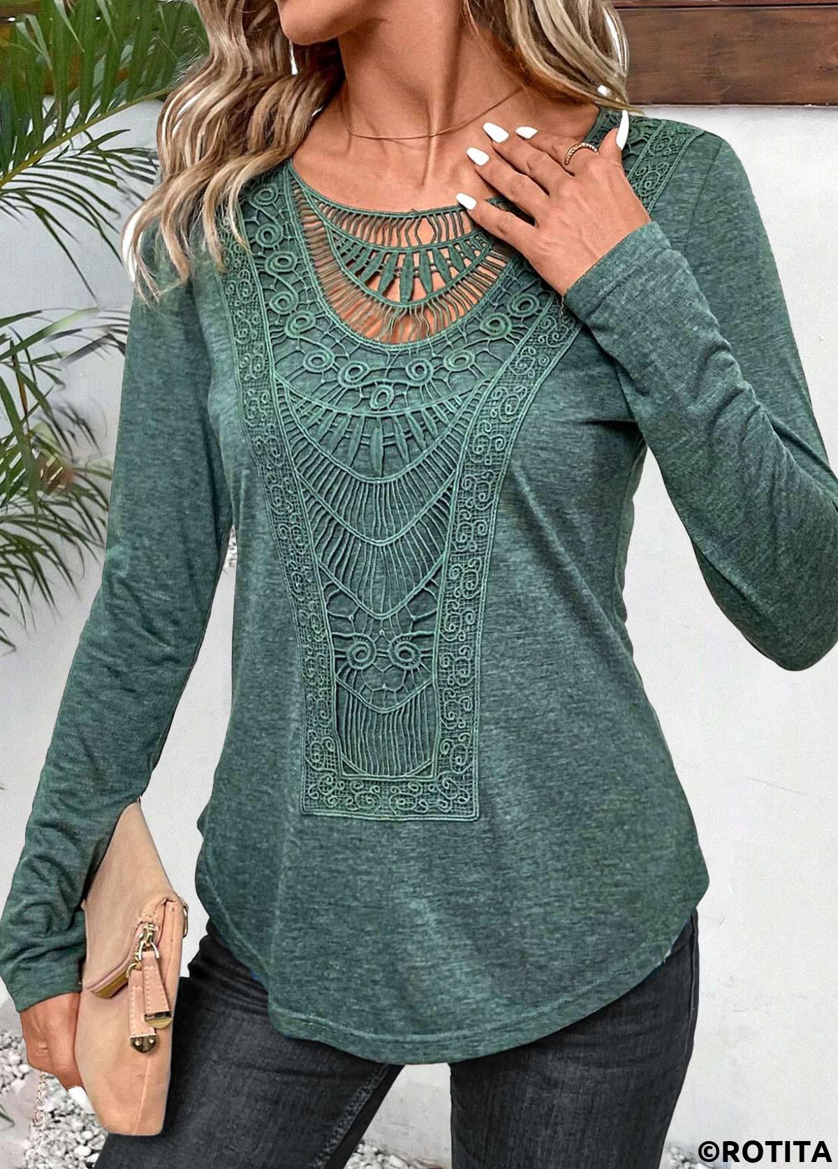 Sage Green tops,Plain Color tops,ROTITA Lace Sage Green Round Neck Long Sleeve T Shirt
