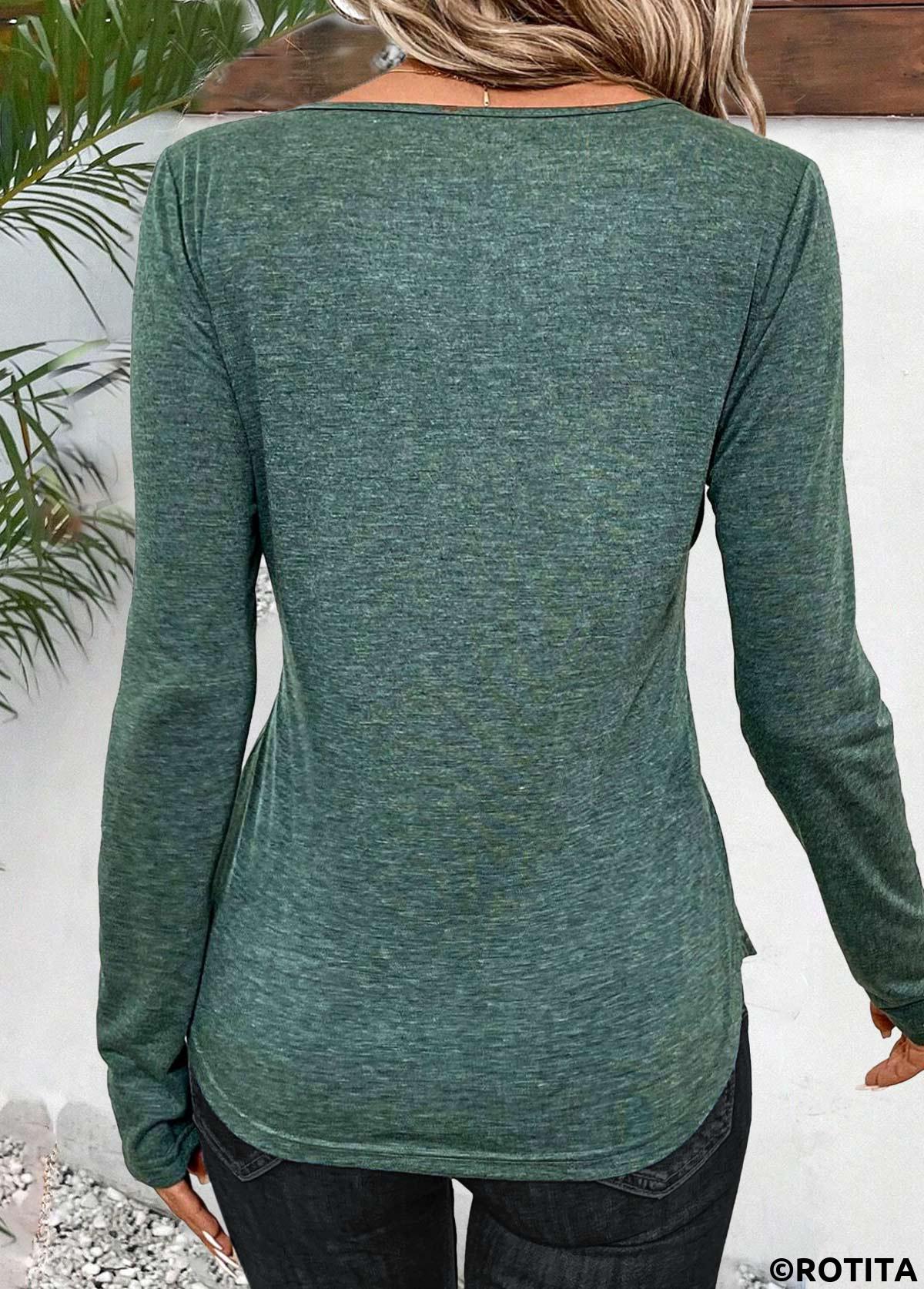 Sage Green tops,Plain Color tops,ROTITA Lace Sage Green Round Neck Long Sleeve T Shirt