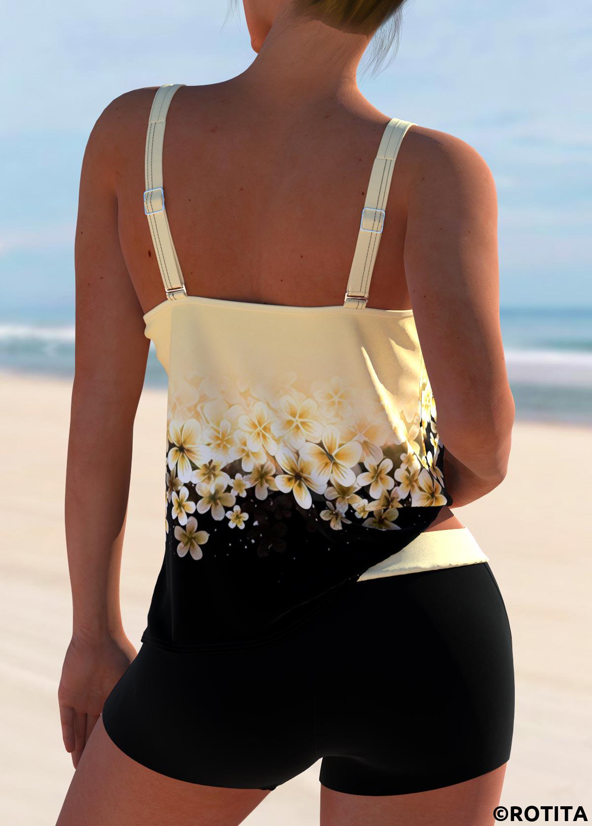 Light Yellow plus size,Black plus size,Floral plus size,Plants plus size,ROTITA Plus Size Patchwork Floral Print Light Yellow Tankini Set