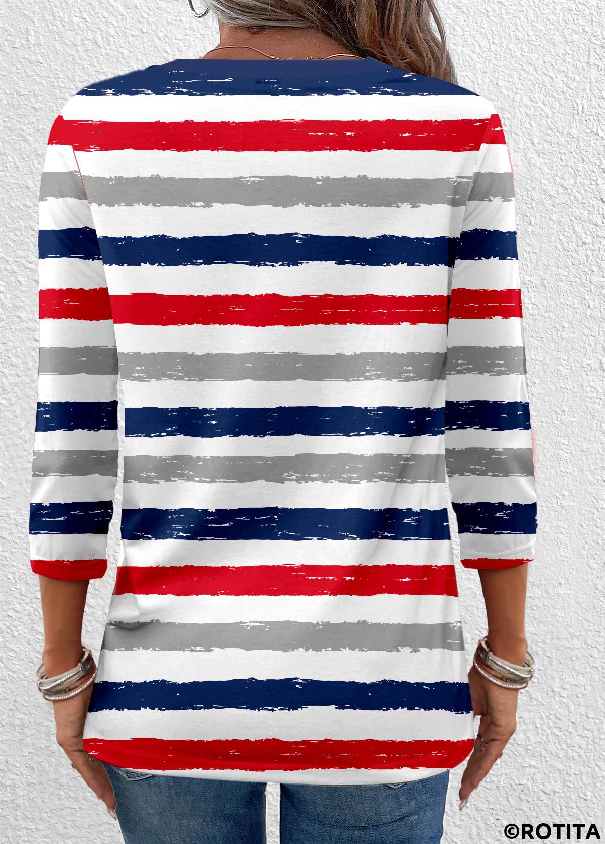 Multi Color tops,Striped tops,Geometric tops,ROTITA Button Striped Multi Color Round Neck T Shirt