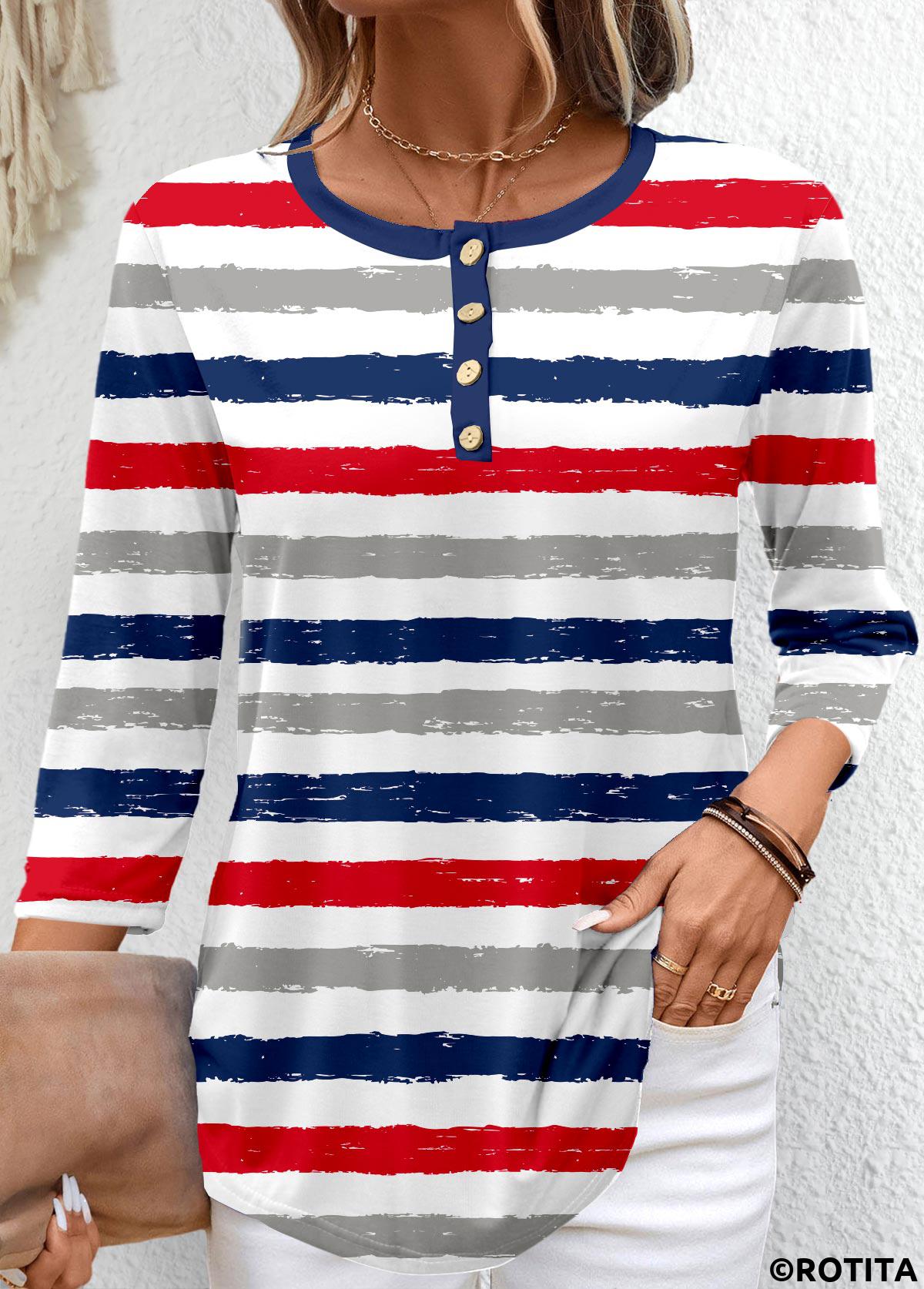 Multi Color tops,Striped tops,Geometric tops,ROTITA Button Striped Multi Color Round Neck T Shirt