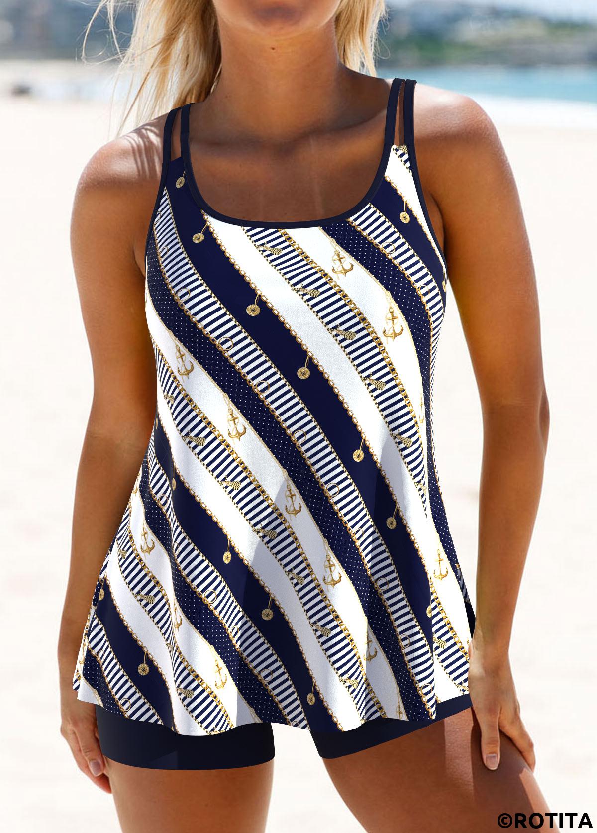 ROTITA Navy Double Straps Striped Tankini Set