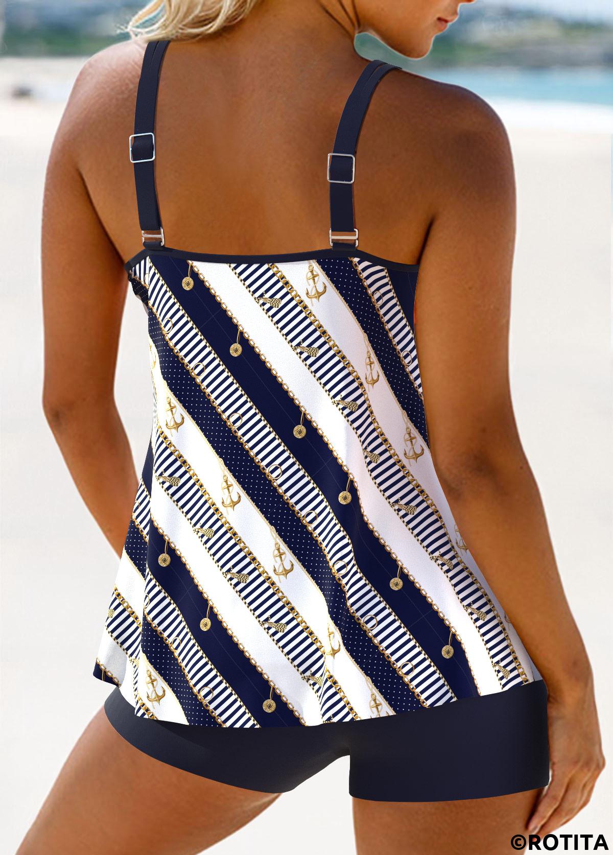 ROTITA Navy Double Straps Striped Tankini Set
