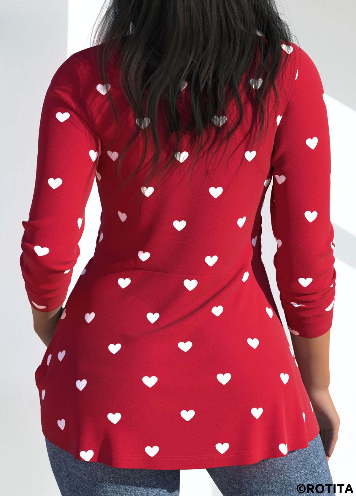Red plus size,Heart plus size,ROTITA Plus Size Twist Red Heart Print T Shirt