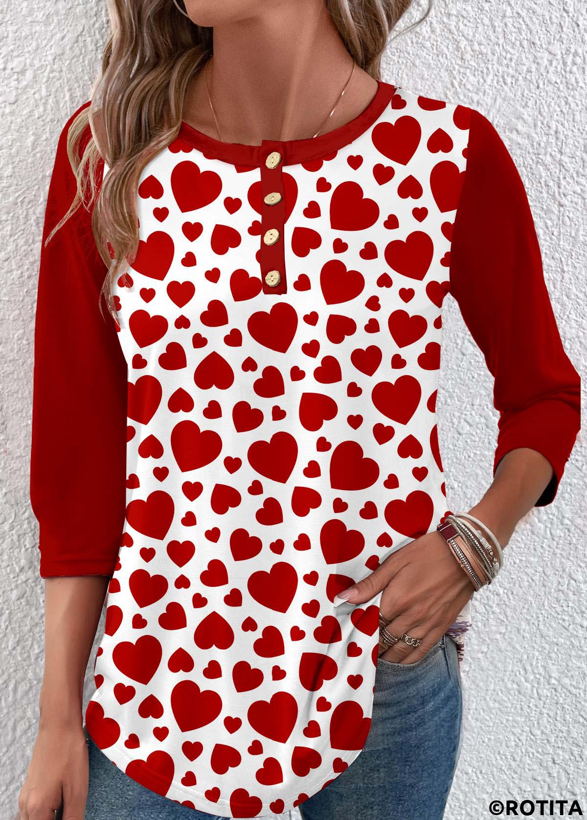 t-shirt rouge vin à imprimé coeur et bouton Rotita