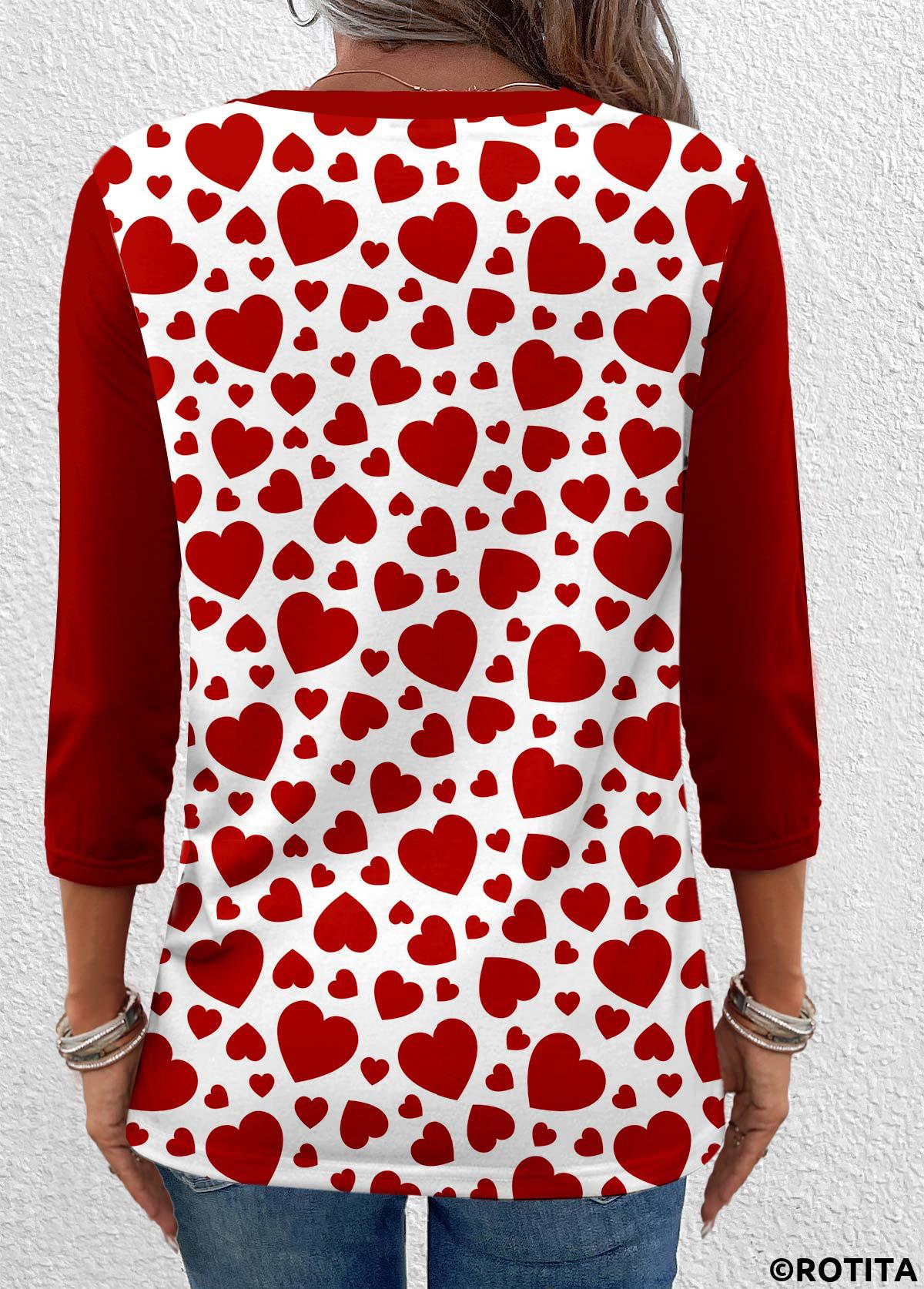 t-shirt rouge vin à imprimé coeur et bouton Rotita