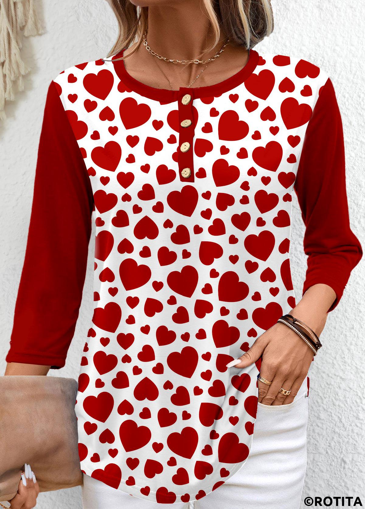 t-shirt rouge vin à imprimé coeur et bouton Rotita