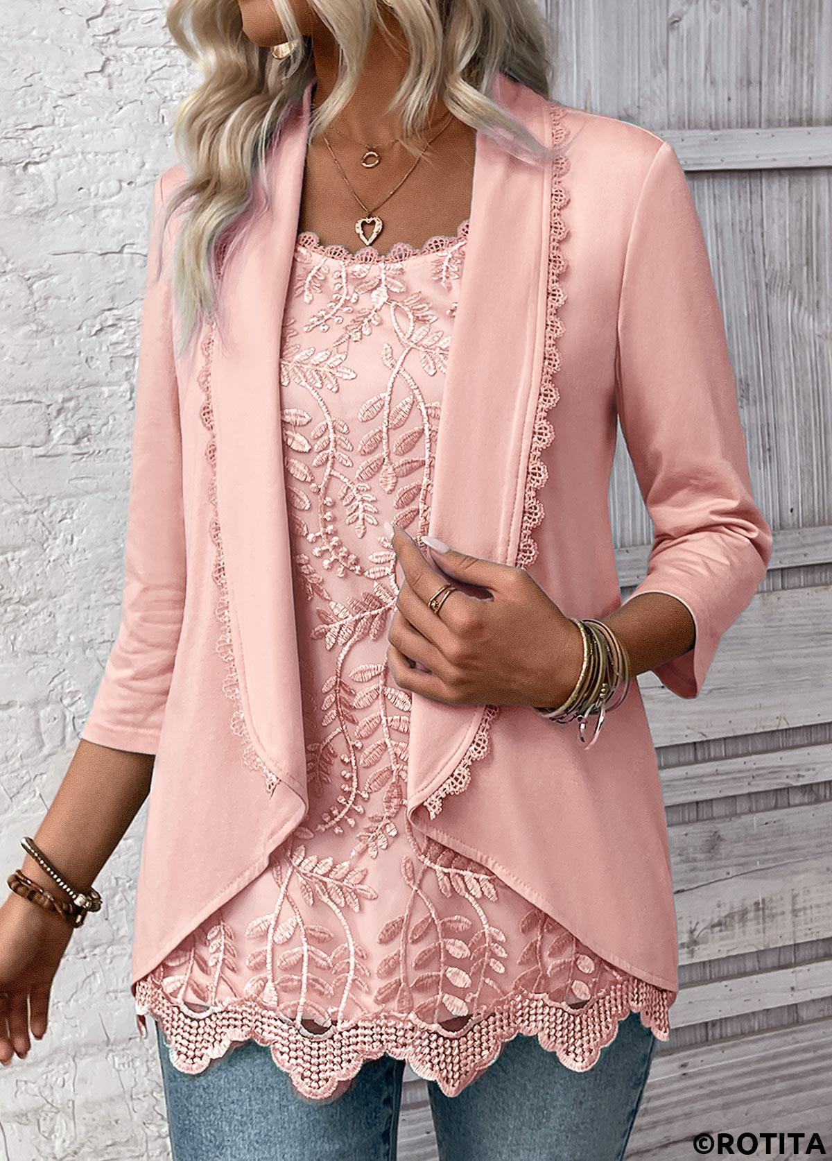 Light Pink tops,Plain Color tops,ROTITA Light Pink Square Neck Fake Two Piece Twinset