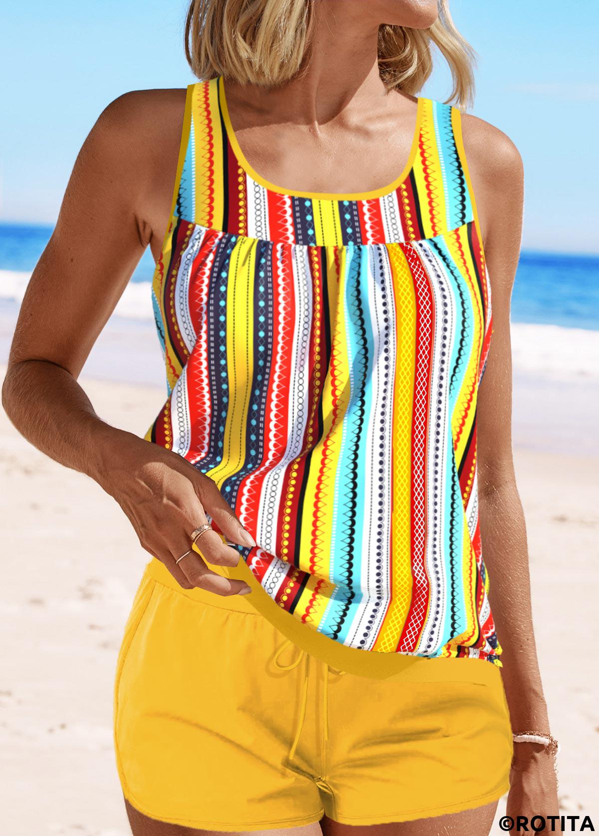 Multi Color swimwear,Yellow swimwear,Striped swimwear,Geometric swimwear,ROTITA Patchwork Eyelet Multi Color Tankini Set
