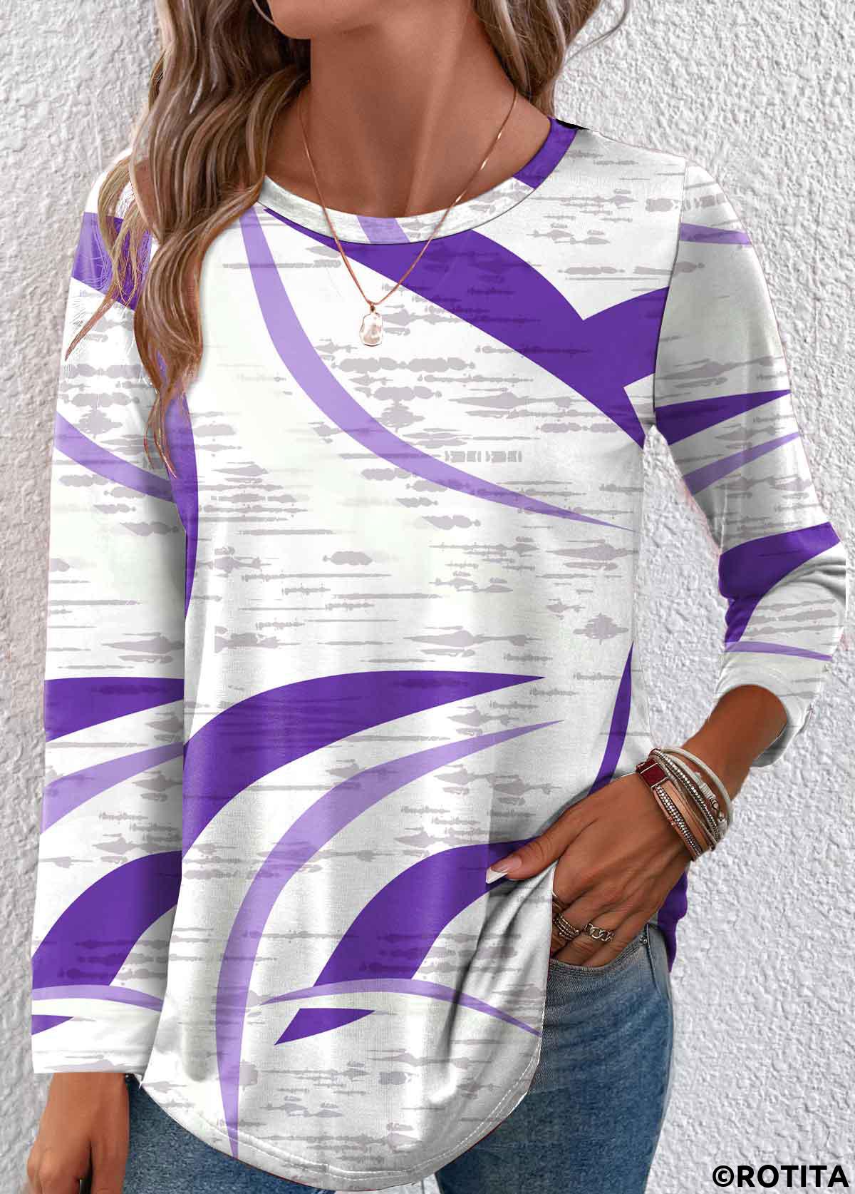 t-shirt léger à col rond violet à imprimé géométrique