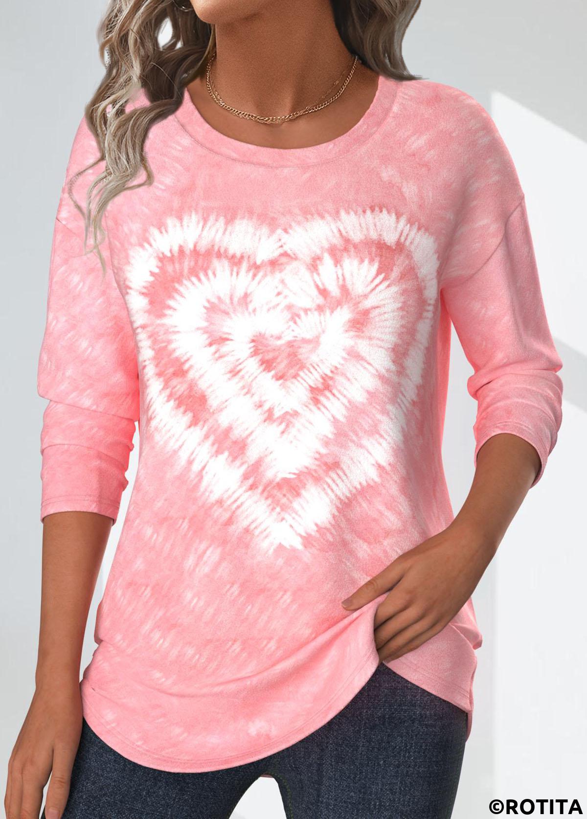 Light Pink tops,Tie Dye tops,Valentine's Day tops,Heart tops,ROTITA Valentine's Day Tie Dye Print Light Pink T Shirt