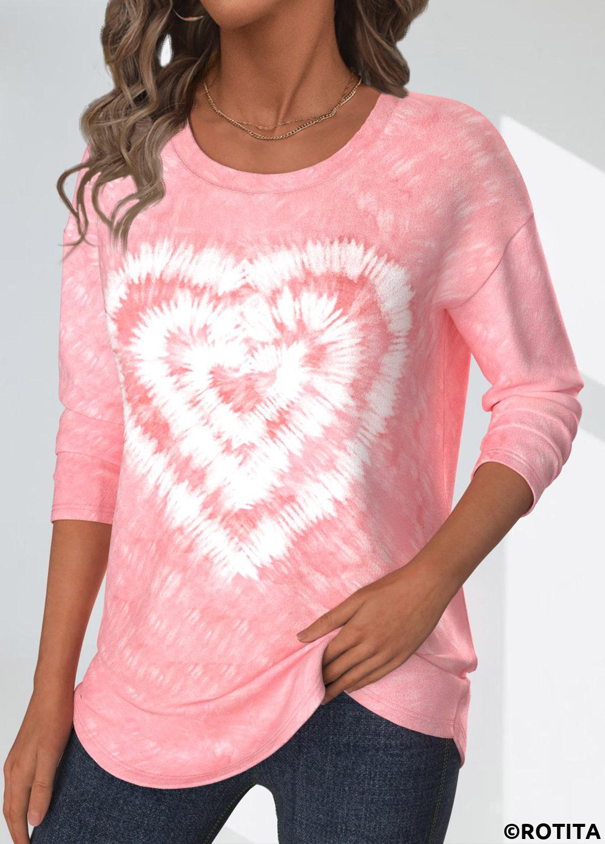 Light Pink tops,Tie Dye tops,Valentine's Day tops,Heart tops,ROTITA Valentine's Day Tie Dye Print Light Pink T Shirt