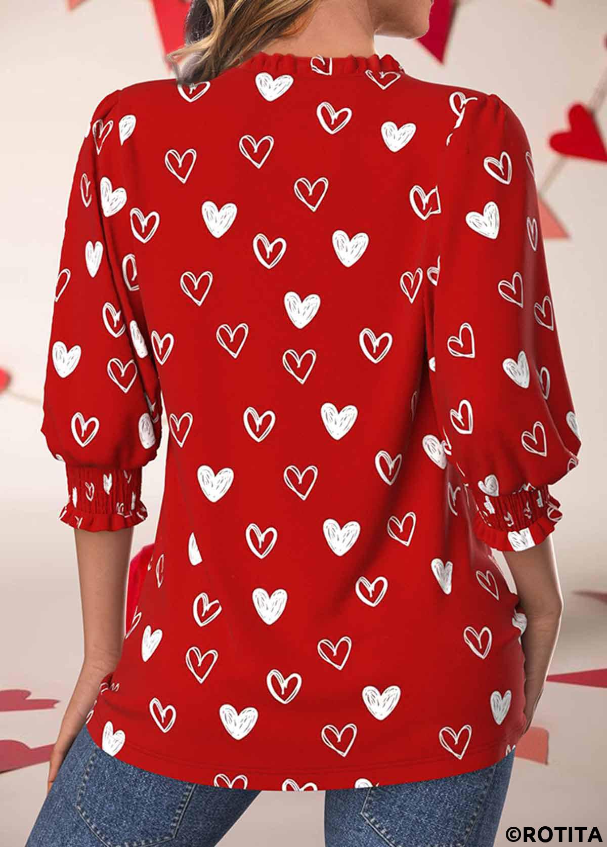 ROTITA Smocked Valentine's Day Print Red Split Neck Blouse