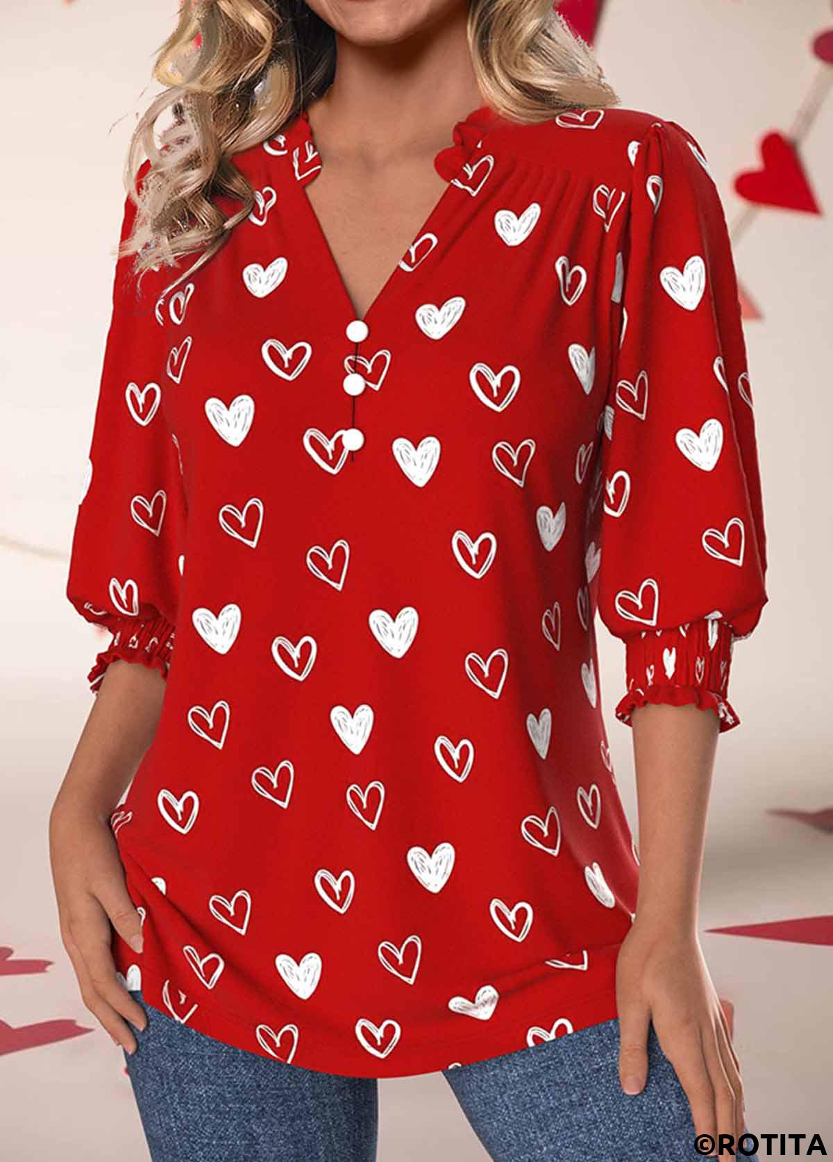 ROTITA Smocked Valentine's Day Print Red Split Neck Blouse