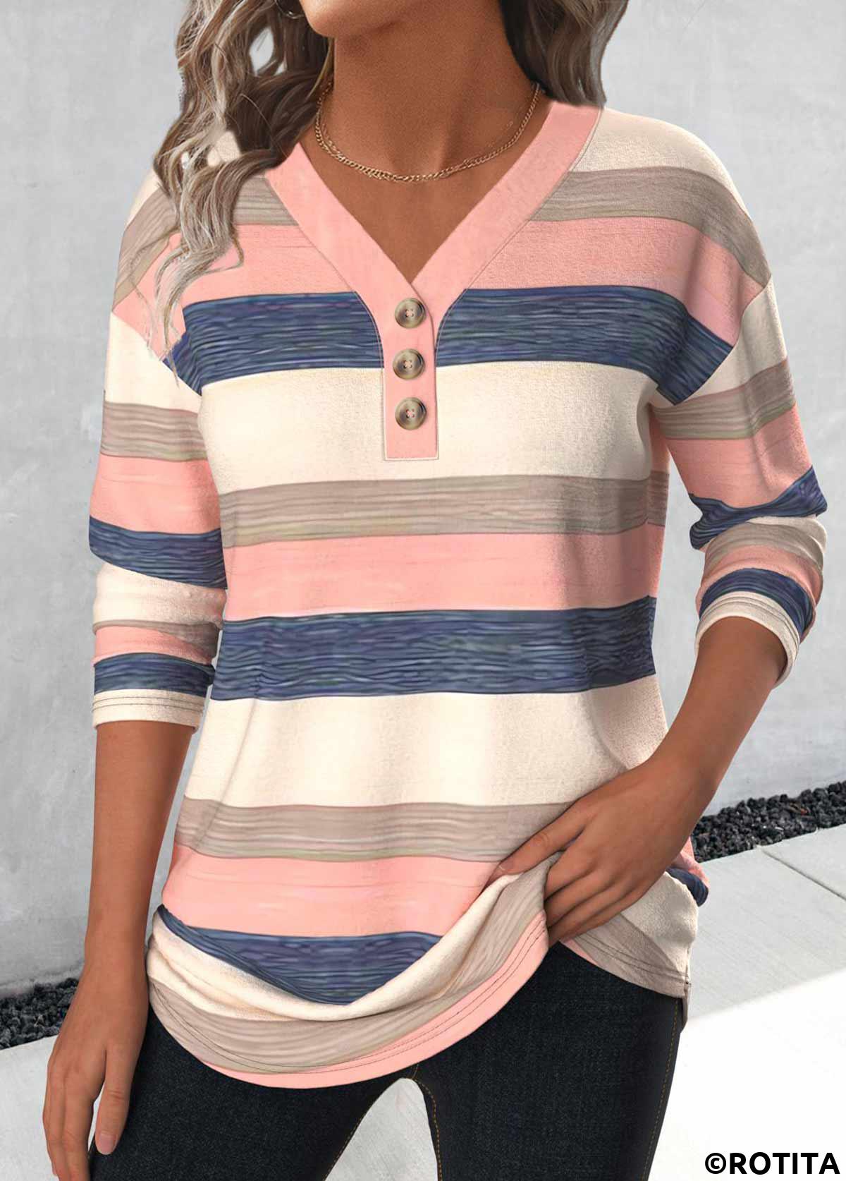 Light Pink tops,Multi Color tops,Striped tops,Geometric tops,ROTITA Button Striped Light Pink V Neck T Shirt