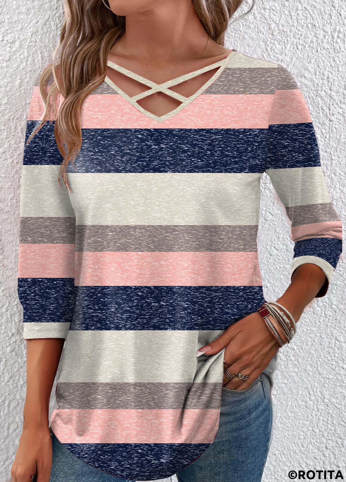 Multi Color tops,Striped tops,Geometric tops,ROTITA Criss Cross Striped Multi Color 3/4 Sleeve T Shirt