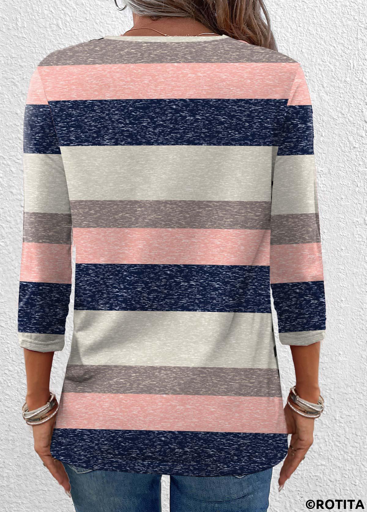 Multi Color tops,Striped tops,Geometric tops,ROTITA Criss Cross Striped Multi Color 3/4 Sleeve T Shirt