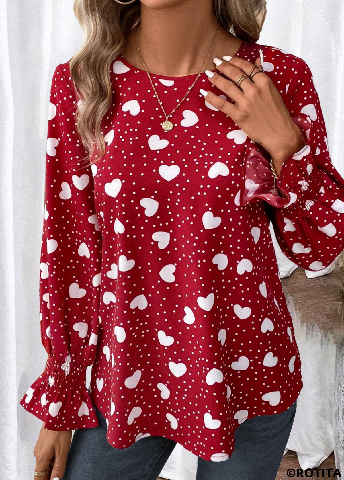 Red tops,Valentine's Day tops,Heart tops,Dot tops,ROTITA Button Valentine's Day Print Red Round Neck Blouse