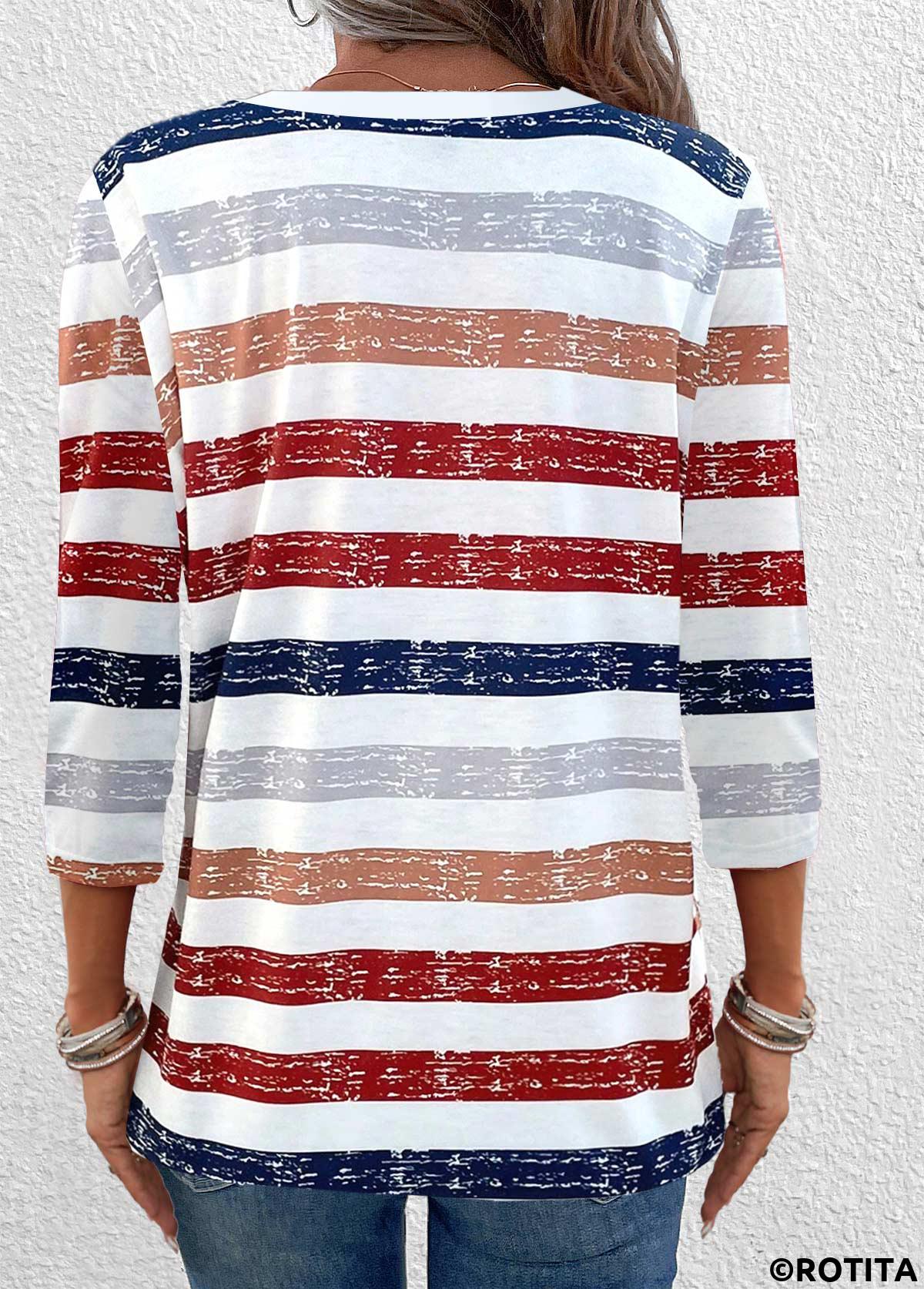 Red tops,Striped tops,Geometric tops,ROTITA Button Multi Stripe Print Red V Neck T Shirt