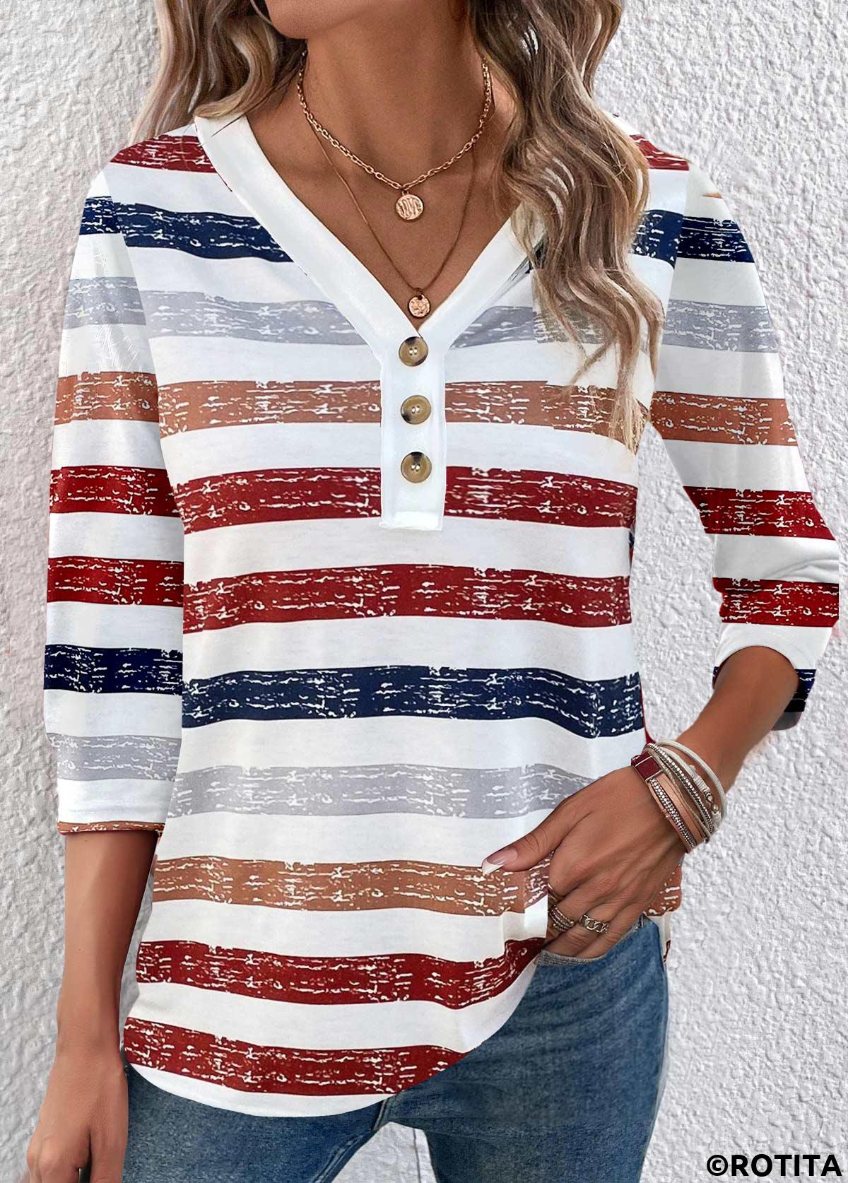 Red tops,Striped tops,Geometric tops,ROTITA Button Multi Stripe Print Red V Neck T Shirt