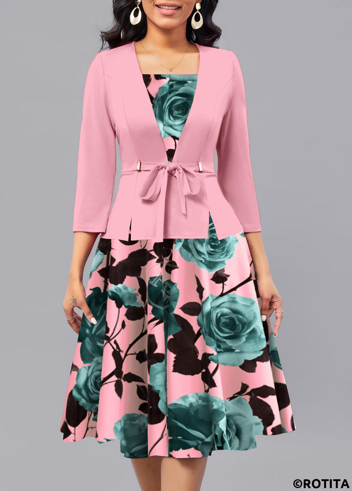 Pink dresses,Floral dresses,Plants dresses,Party dresses,Elegant dresses,ROTITA Patchwork Floral Print Pink Square Neck 3/4 Sleeve Dress