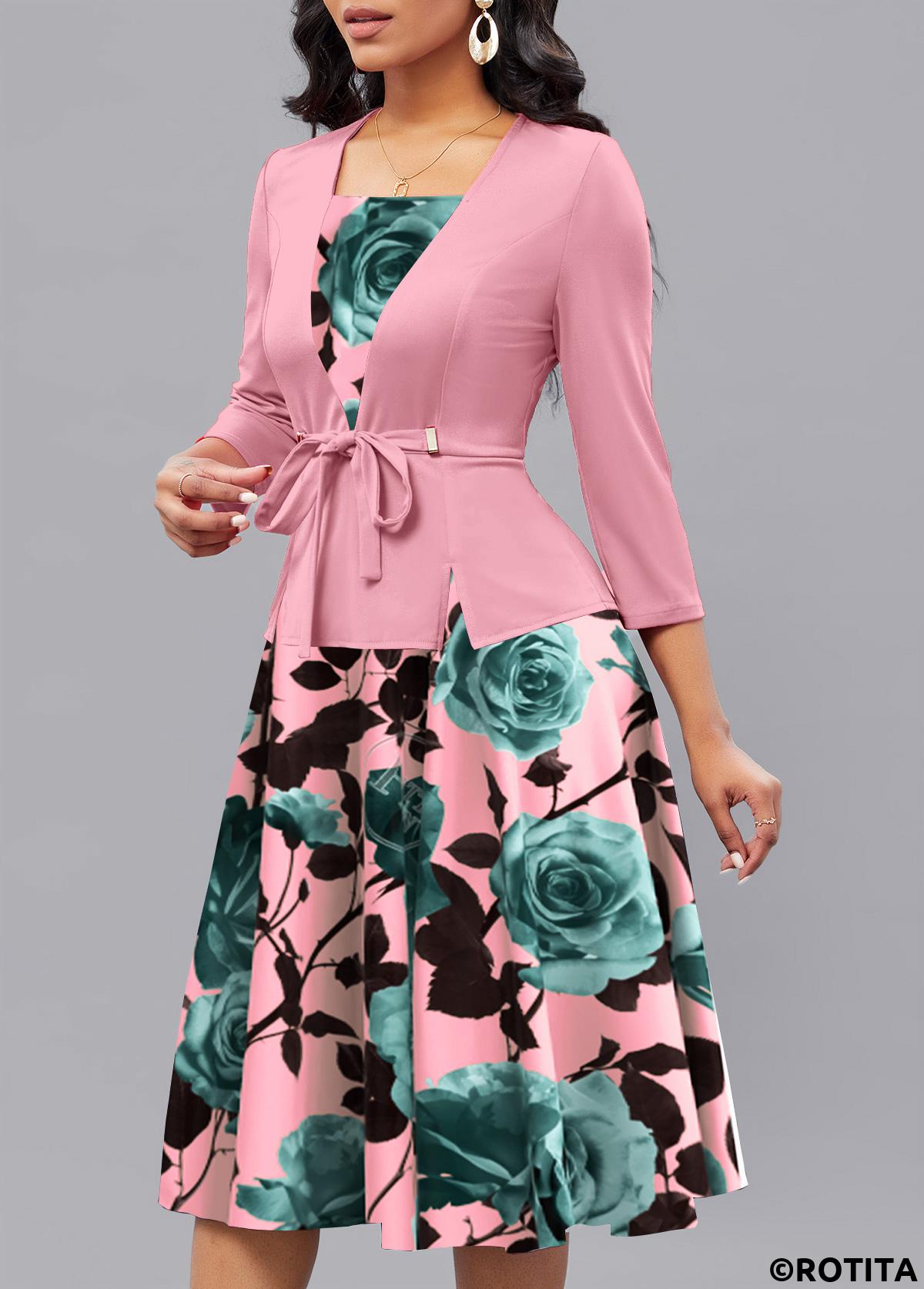 Pink dresses,Floral dresses,Plants dresses,Party dresses,Elegant dresses,ROTITA Patchwork Floral Print Pink Square Neck 3/4 Sleeve Dress