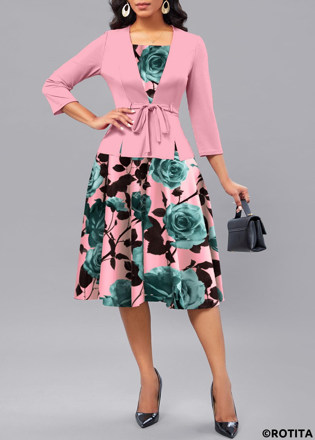 Pink dresses,Floral dresses,Plants dresses,Party dresses,Elegant dresses,ROTITA Patchwork Floral Print Pink Square Neck 3/4 Sleeve Dress