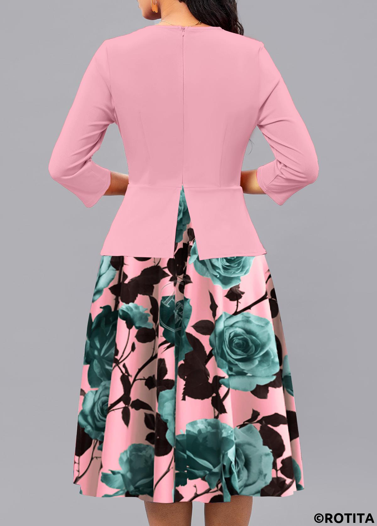 Pink dresses,Floral dresses,Plants dresses,Party dresses,Elegant dresses,ROTITA Patchwork Floral Print Pink Square Neck 3/4 Sleeve Dress