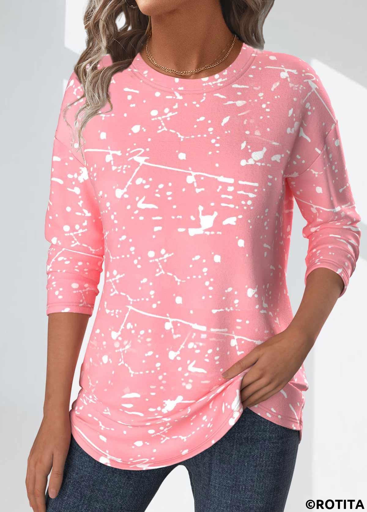 ROTITA Geometric Print Light Pink Round Neck T Shirt
