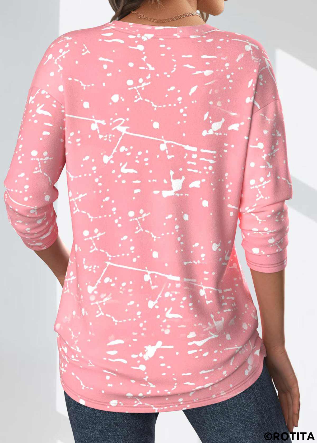 ROTITA Geometric Print Light Pink Round Neck T Shirt