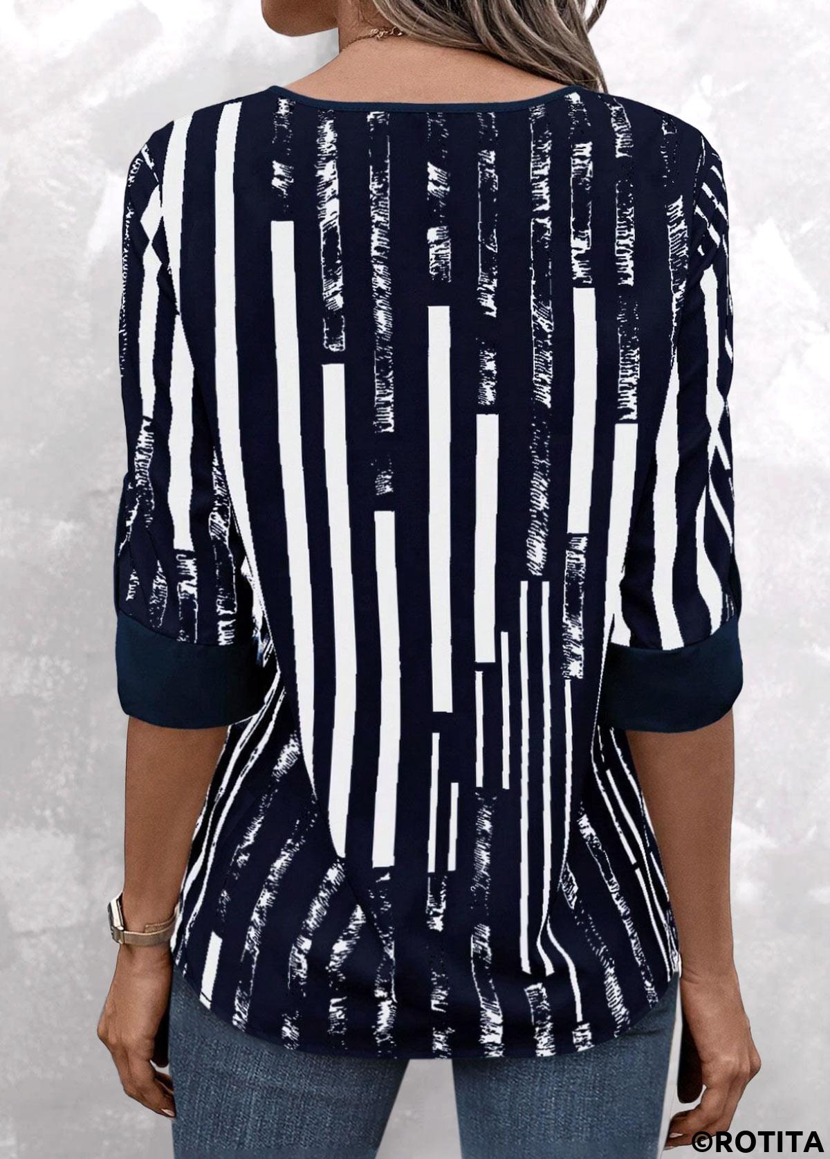 Navy tops,Striped tops,Geometric tops,ROTITA Patchwork Striped Navy Split Neck 3/4 Sleeve Blouse