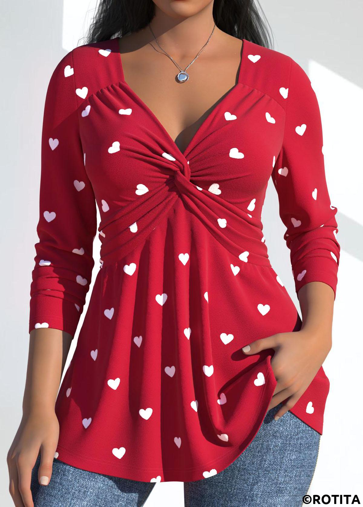 Red plus size,Heart plus size,ROTITA Plus Size Twist Red Heart Print T Shirt