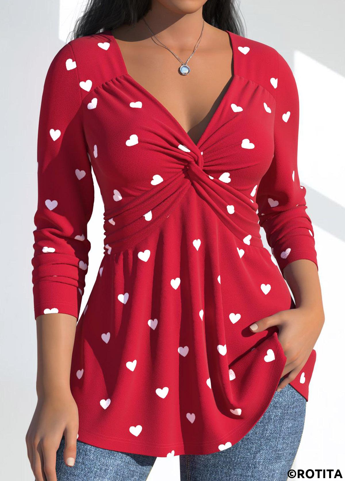 Red plus size,Heart plus size,ROTITA Plus Size Twist Red Heart Print T Shirt