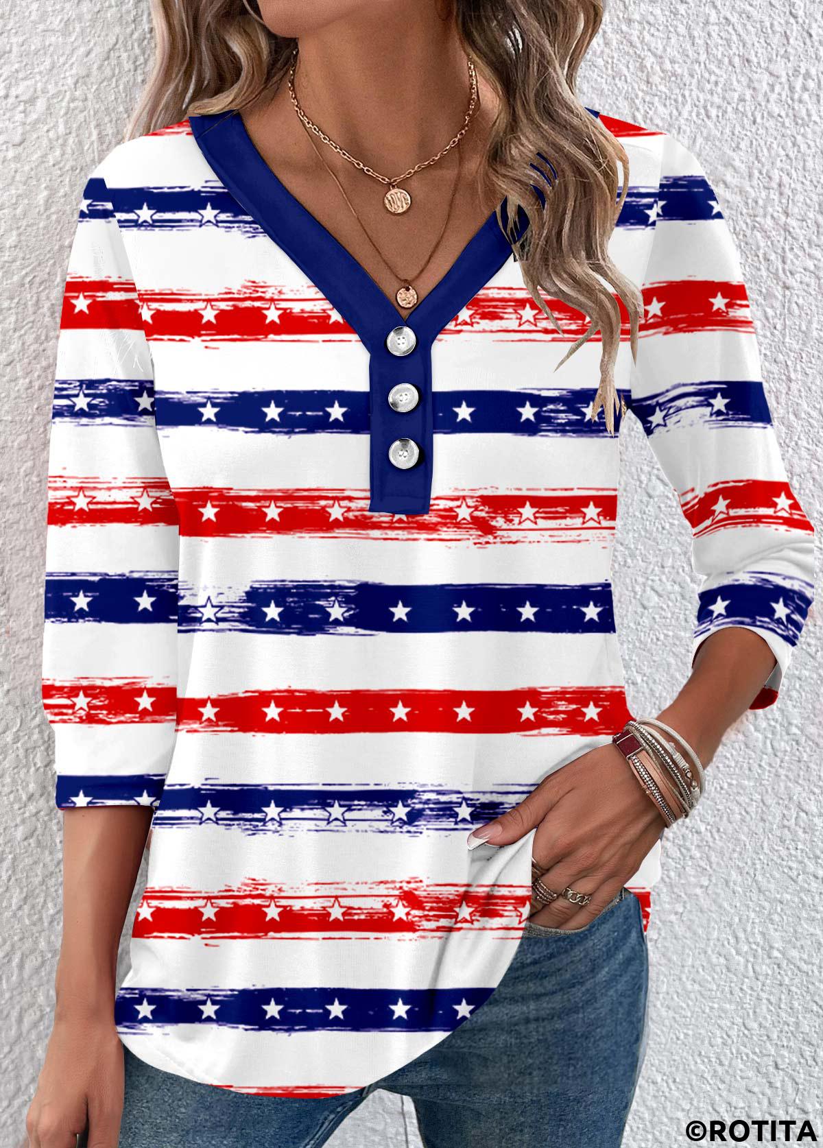 Navy tops,Striped tops,Geometric tops,ROTITA Button Striped Navy V Neck 3/4 Sleeve T Shirt