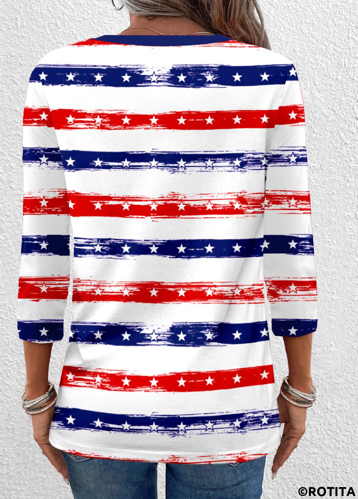 Navy tops,Striped tops,Geometric tops,ROTITA Button Striped Navy V Neck 3/4 Sleeve T Shirt