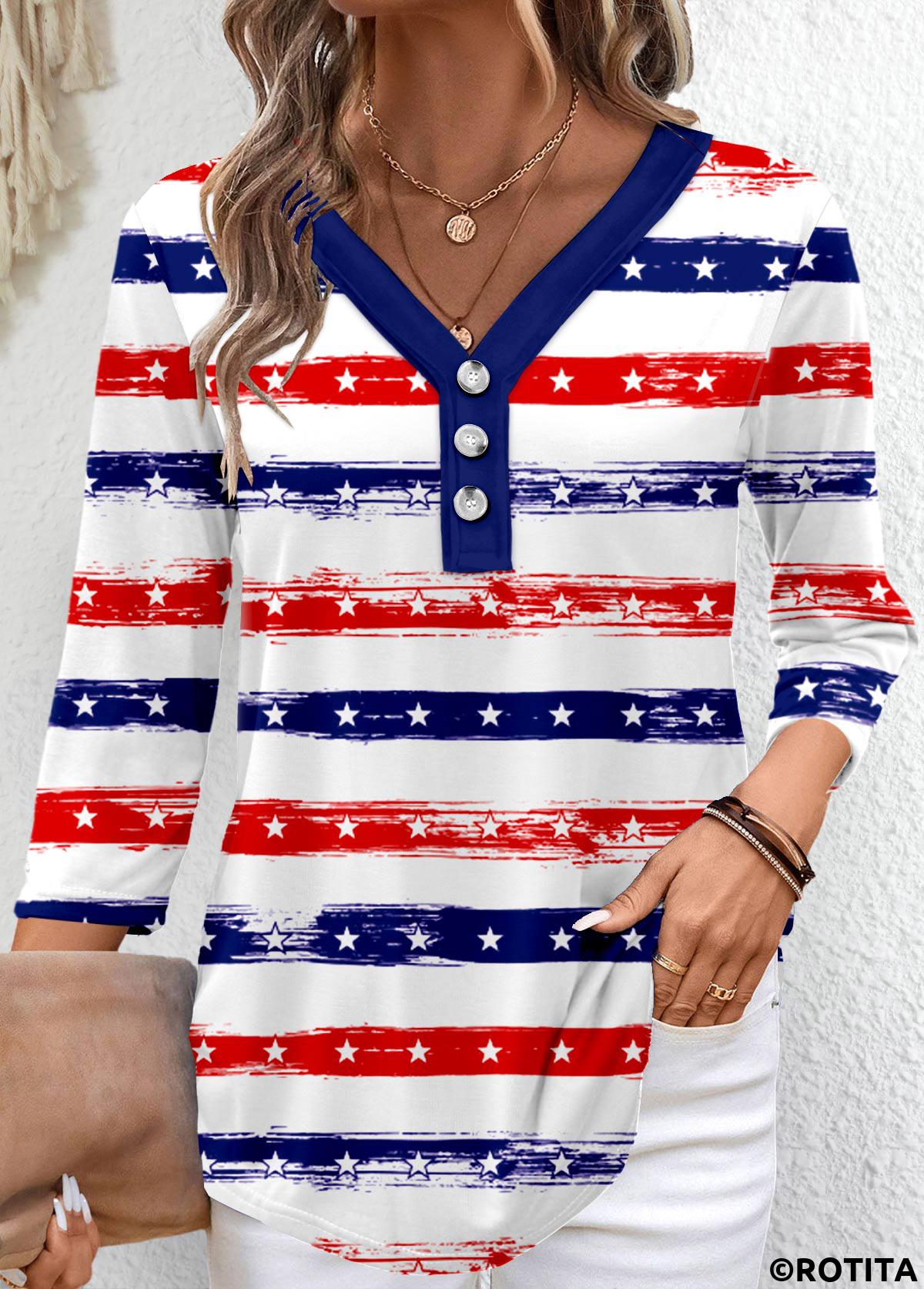 Navy tops,Striped tops,Geometric tops,ROTITA Button Striped Navy V Neck 3/4 Sleeve T Shirt