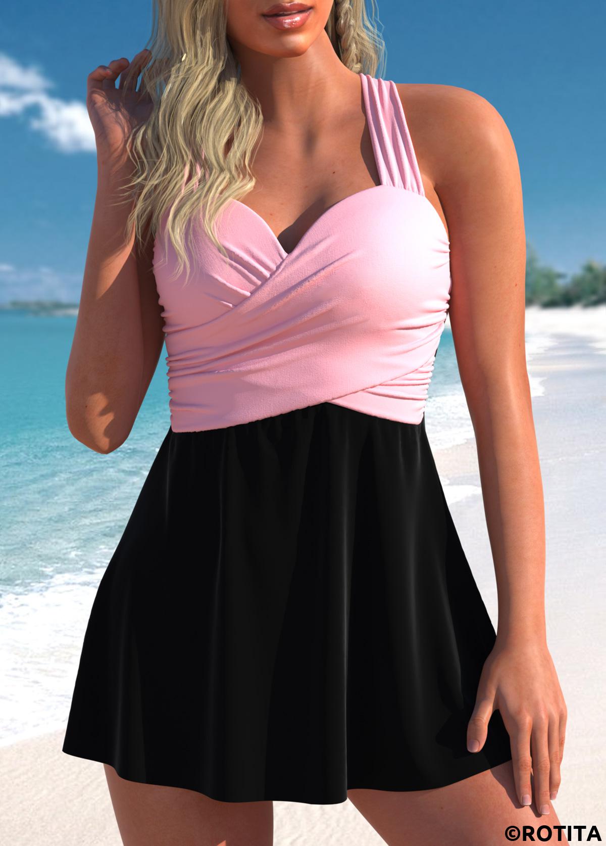 Black swimwear,Light Pink swimwear,Contrast Color swimwear,ROTITA Surplice Criss Cross Black Swimdress Top