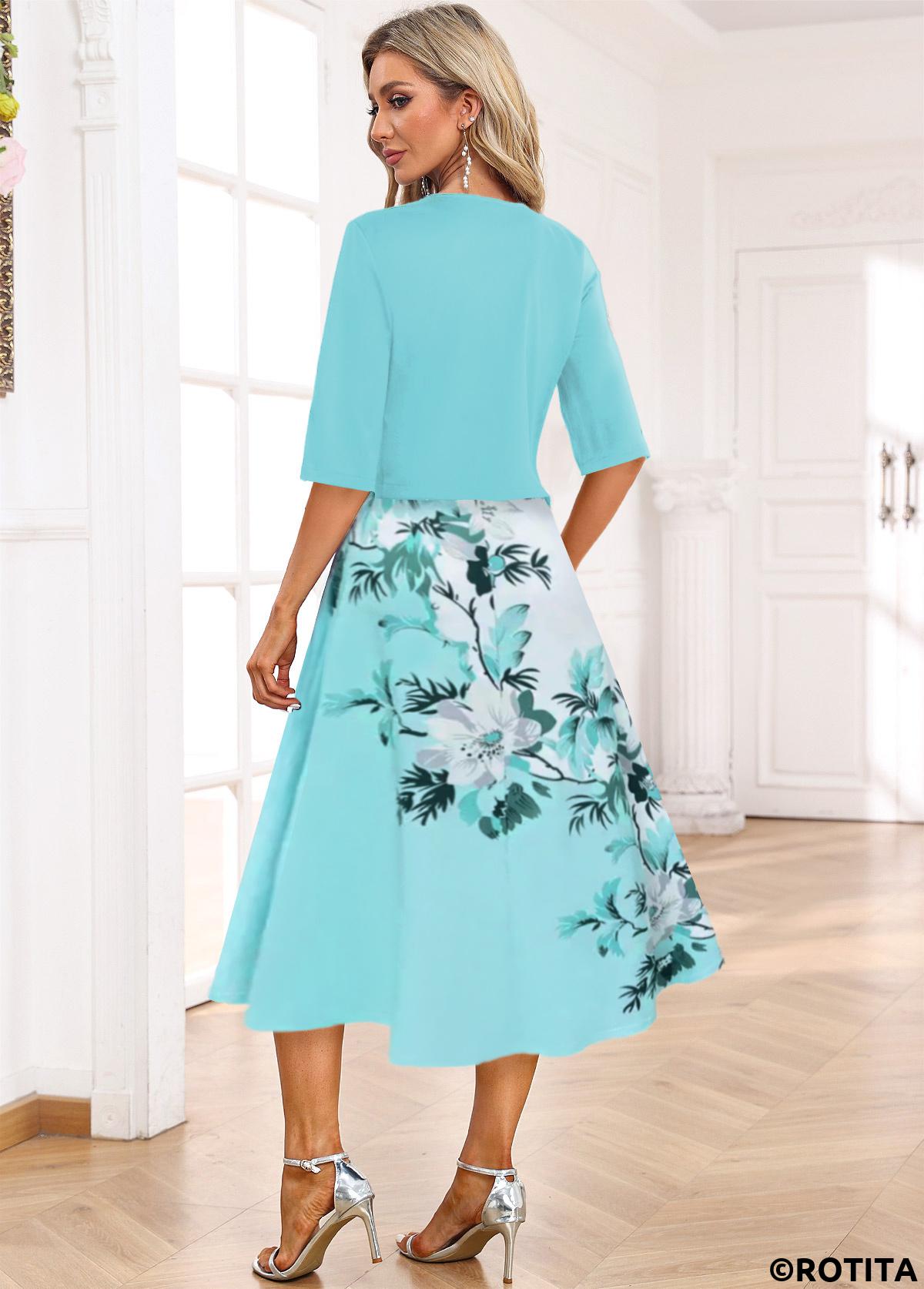 Light Blue dresses,White dresses,Floral dresses,Plants dresses,Party dresses,Elegant dresses,ROTITA Two Piece Floral Print Light Blue Dress and Cardigan