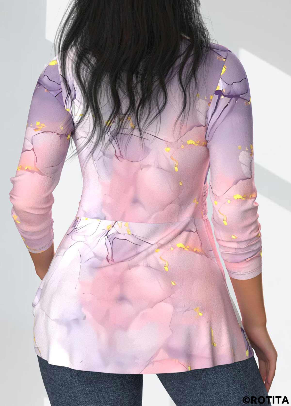 ROTITA Twist Marble Print Light Pink V Neck T Shirt