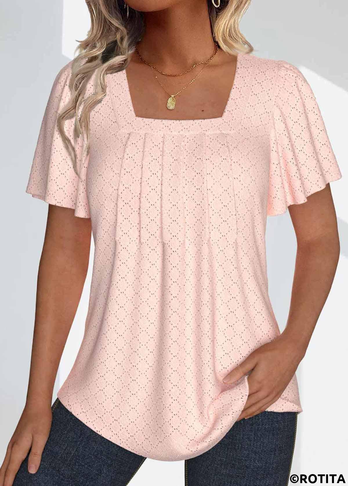 Dusty Pink tops,Plain Color tops,ROTITA Textured Fabric Dusty Pink Square Neck T Shirt