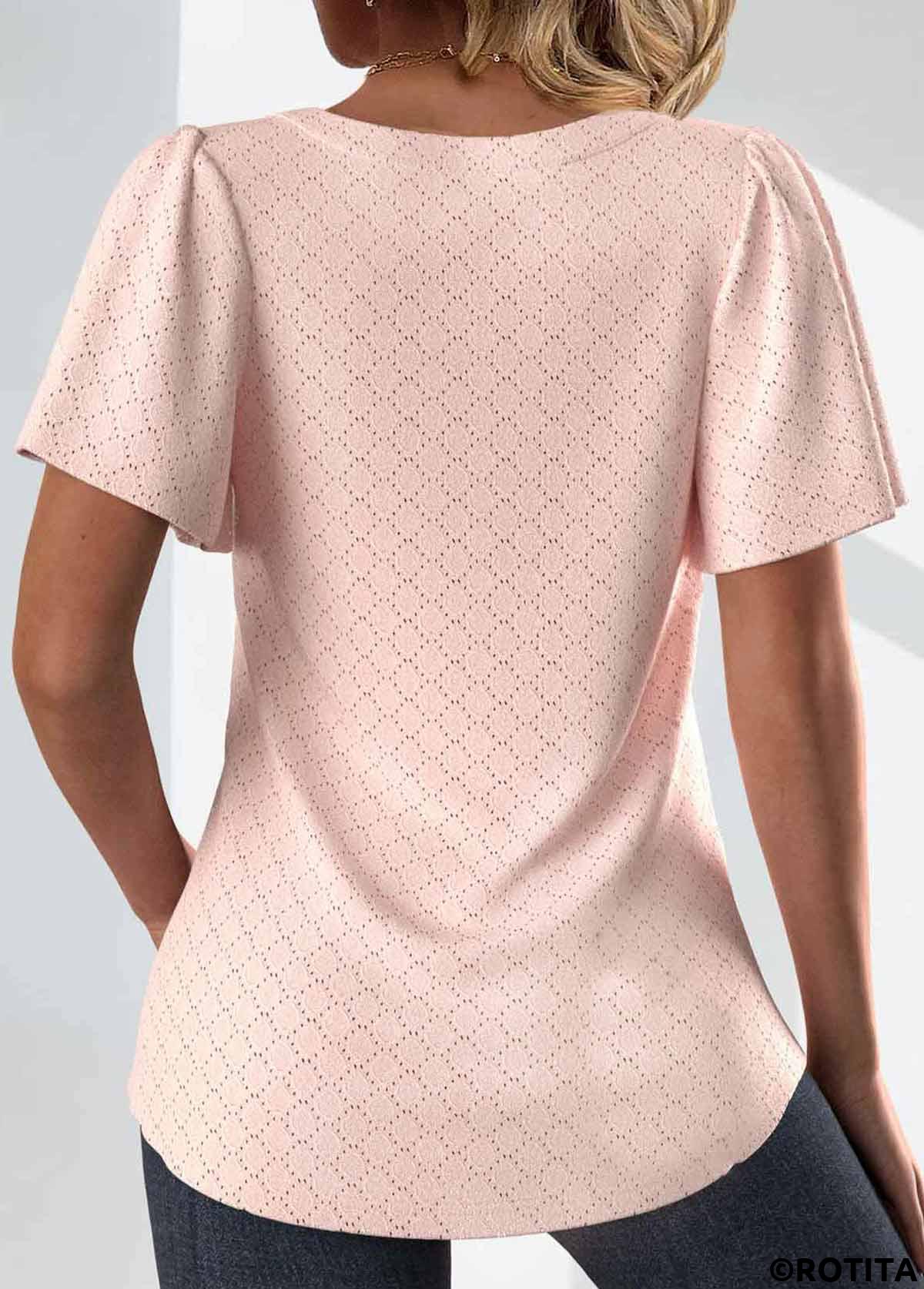 Dusty Pink tops,Plain Color tops,ROTITA Textured Fabric Dusty Pink Square Neck T Shirt