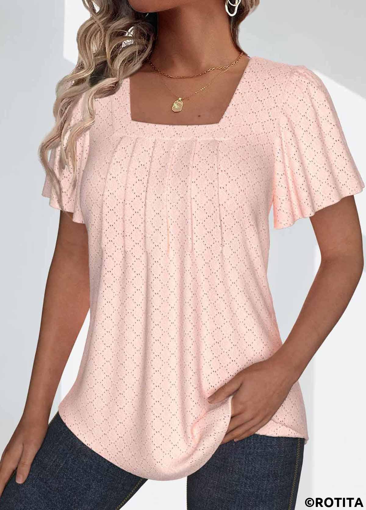 Dusty Pink tops,Plain Color tops,ROTITA Textured Fabric Dusty Pink Square Neck T Shirt