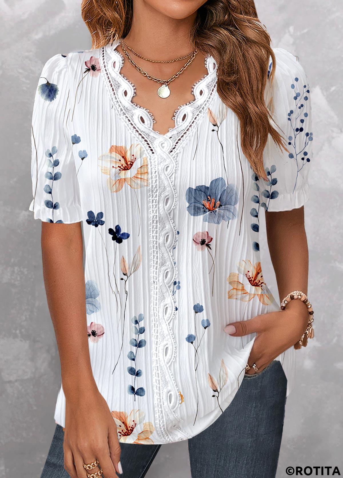 White tops,Floral tops,Plants tops,ROTITA Lace Floral Print White V Neck Short Sleeve Blouse
