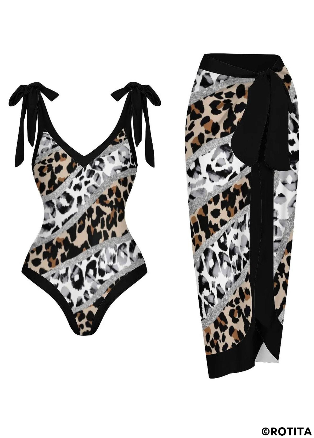 Black swimwear,Light Grey swimwear,Leopard swimwear,Striped swimwear,Geometric swimwear,Animal Print swimwear,ROTITA Black Bnowknot Leopard One Piece Swimwear and Skirt